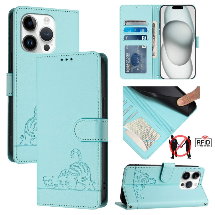 Custodia per telefono in pelle RFID con motivo gatto in rilievo con cordino, For iPhone 15, For iPhone 14 Plus, For iPhone 14/13, For iPhone 14 Pro