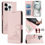 Custodia per telefono in pelle RFID con motivo gatto in rilievo con cordino, For iPhone 15, For iPhone 14 Plus, For iPhone 14/13, For iPhone 14 Pro