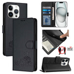 Custodia per telefono in pelle RFID con motivo gatto in rilievo con cordino, For iPhone 15, For iPhone 14 Plus, For iPhone 14/13, For iPhone 14 Pro
