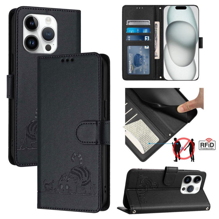 Custodia per telefono in pelle RFID con motivo gatto in rilievo con cordino, For iPhone 15, For iPhone 14 Plus, For iPhone 14/13, For iPhone 14 Pro