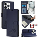 Custodia per telefono in pelle RFID con motivo gatto in rilievo con cordino, For iPhone 15, For iPhone 14 Plus, For iPhone 14/13, For iPhone 14 Pro