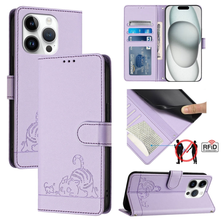 Custodia per telefono in pelle RFID con motivo gatto in rilievo con cordino, For iPhone 15, For iPhone 14 Plus, For iPhone 14/13, For iPhone 14 Pro