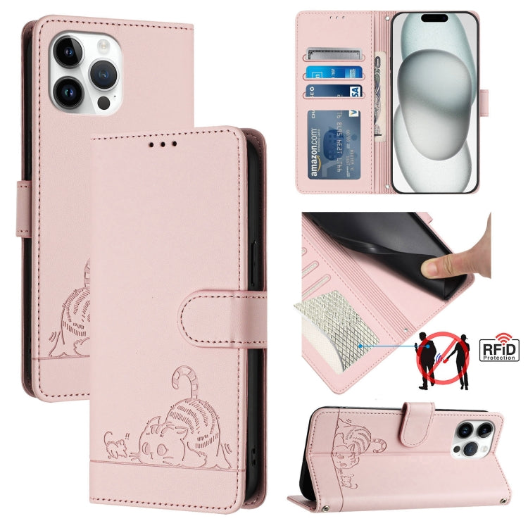 Custodia per telefono in pelle RFID con motivo gatto in rilievo con cordino, For iPhone 14 Pro Max, For iPhone SE 2022/SE 2020/6/7/8, For iPhone 13 Pro Max, For iPhone 13 Pro