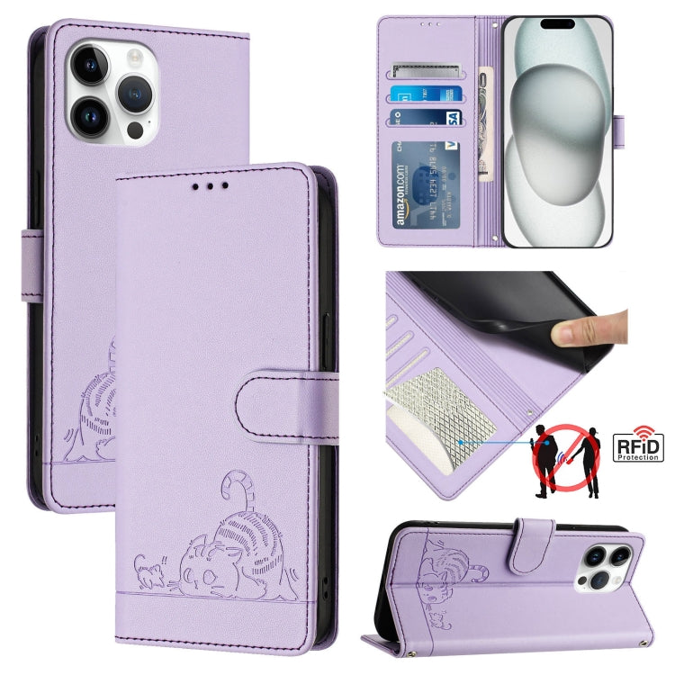 Custodia per telefono in pelle RFID con motivo gatto in rilievo con cordino, For iPhone 14 Pro Max, For iPhone SE 2022/SE 2020/6/7/8, For iPhone 13 Pro Max, For iPhone 13 Pro