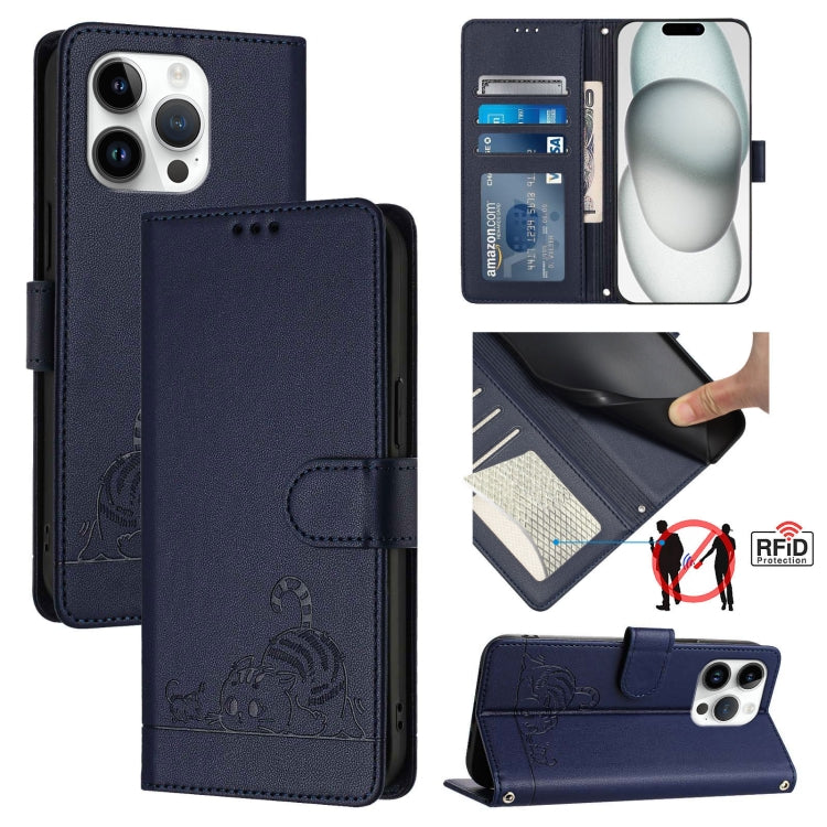 Custodia per telefono in pelle RFID con motivo gatto in rilievo con cordino, For iPhone 14 Pro Max, For iPhone SE 2022/SE 2020/6/7/8, For iPhone 13 Pro Max, For iPhone 13 Pro