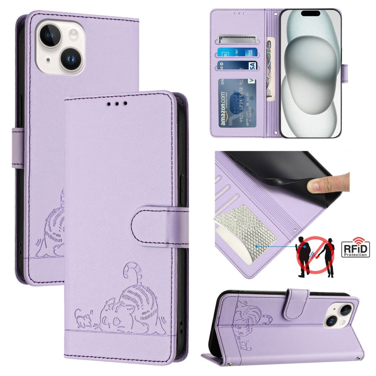 Custodia per telefono in pelle RFID con motivo gatto in rilievo con cordino, For iPhone 13 mini, For iPhone 12/12 Pro, For iPhone 12 Pro Max, For iPhone 12 mini