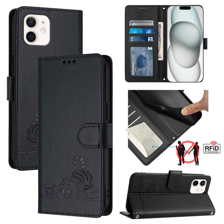 Custodia per telefono in pelle RFID con motivo gatto in rilievo con cordino, For iPhone 13 mini, For iPhone 12/12 Pro, For iPhone 12 Pro Max, For iPhone 12 mini