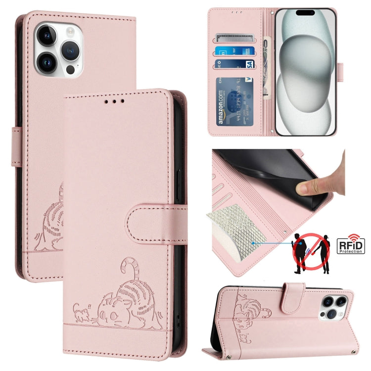 Custodia per telefono in pelle RFID con motivo gatto in rilievo con cordino, For iPhone 13 mini, For iPhone 12/12 Pro, For iPhone 12 Pro Max, For iPhone 12 mini