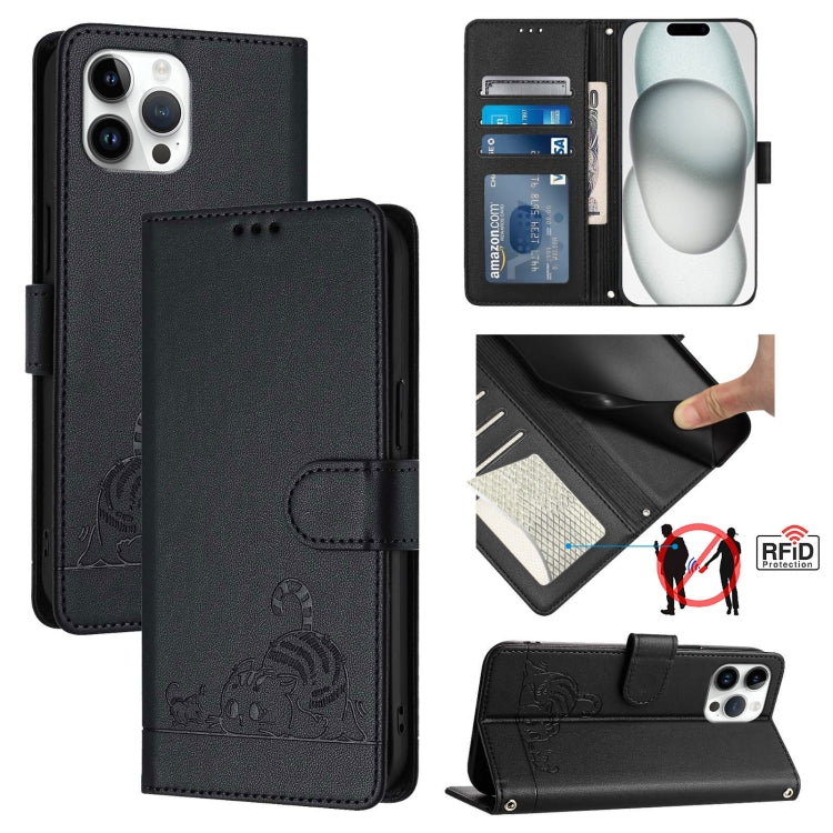 Custodia per telefono in pelle RFID con motivo gatto in rilievo con cordino, For iPhone 13 mini, For iPhone 12/12 Pro, For iPhone 12 Pro Max, For iPhone 12 mini