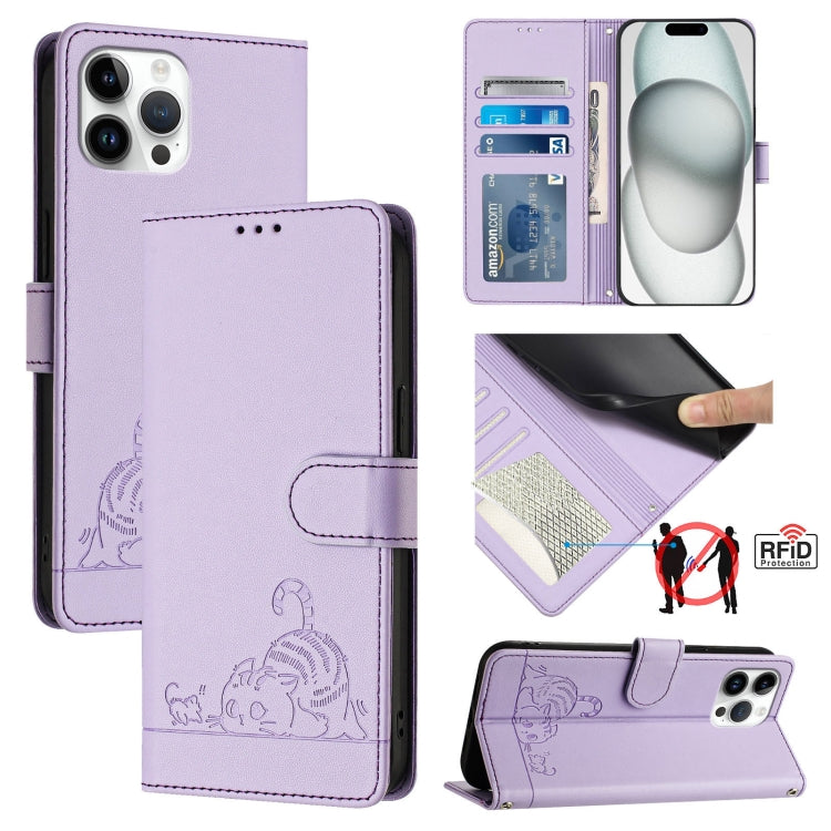 Custodia per telefono in pelle RFID con motivo gatto in rilievo con cordino, For iPhone 13 mini, For iPhone 12/12 Pro, For iPhone 12 Pro Max, For iPhone 12 mini