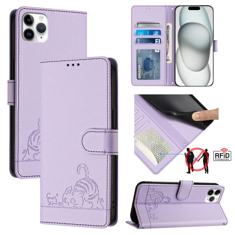 Custodia per telefono in pelle RFID con motivo gatto in rilievo con cordino, For iPhone 11 Pro Max, For iPhone 11, For iPhone 11 Pro, For iPhone XS / X