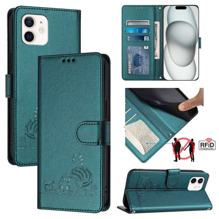 Custodia per telefono in pelle RFID con motivo gatto in rilievo con cordino, For iPhone 11 Pro Max, For iPhone 11, For iPhone 11 Pro, For iPhone XS / X