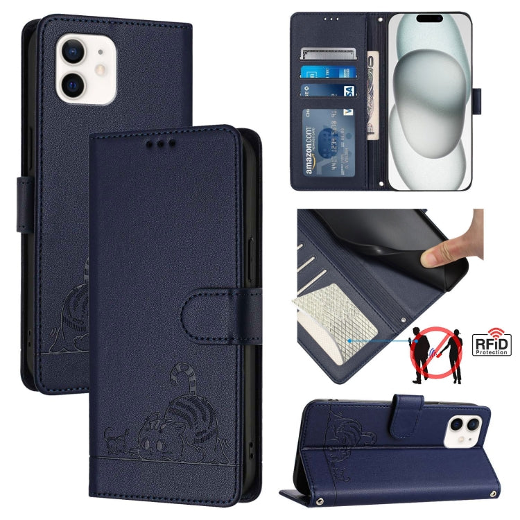 Custodia per telefono in pelle RFID con motivo gatto in rilievo con cordino, For iPhone 11 Pro Max, For iPhone 11, For iPhone 11 Pro, For iPhone XS / X