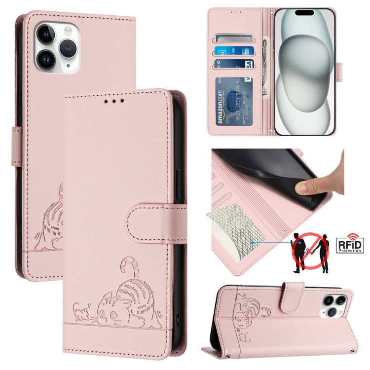 Custodia per telefono in pelle RFID con motivo gatto in rilievo con cordino, For iPhone 11 Pro Max, For iPhone 11, For iPhone 11 Pro, For iPhone XS / X