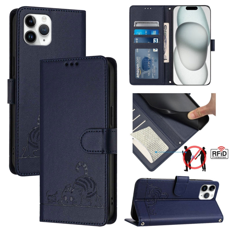 Custodia per telefono in pelle RFID con motivo gatto in rilievo con cordino, For iPhone 11 Pro Max, For iPhone 11, For iPhone 11 Pro, For iPhone XS / X