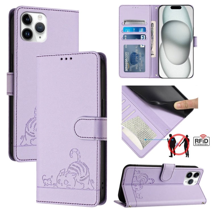 Custodia per telefono in pelle RFID con motivo gatto in rilievo con cordino, For iPhone 11 Pro Max, For iPhone 11, For iPhone 11 Pro, For iPhone XS / X