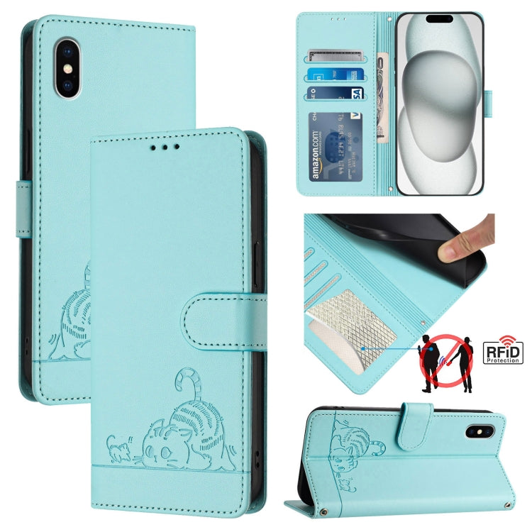 Custodia per telefono in pelle RFID con motivo gatto in rilievo con cordino, For iPhone 11 Pro Max, For iPhone 11, For iPhone 11 Pro, For iPhone XS / X