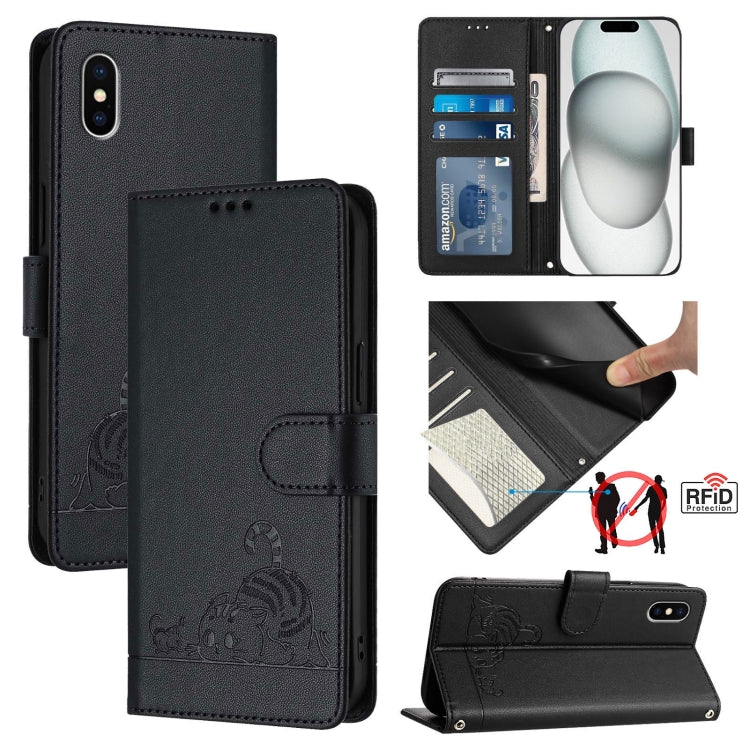 Custodia per telefono in pelle RFID con motivo gatto in rilievo con cordino, For iPhone 11 Pro Max, For iPhone 11, For iPhone 11 Pro, For iPhone XS / X