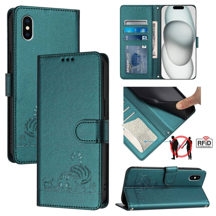 Custodia per telefono in pelle RFID con motivo gatto in rilievo con cordino, For iPhone 11 Pro Max, For iPhone 11, For iPhone 11 Pro, For iPhone XS / X