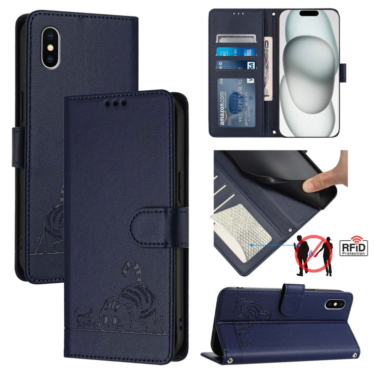 Custodia per telefono in pelle RFID con motivo gatto in rilievo con cordino, For iPhone 11 Pro Max, For iPhone 11, For iPhone 11 Pro, For iPhone XS / X