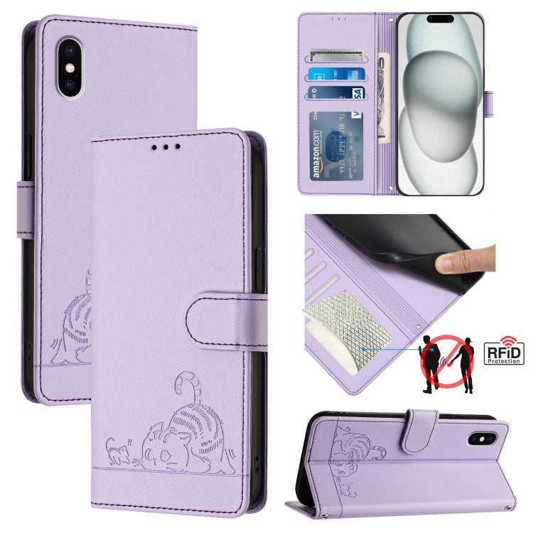 Custodia per telefono in pelle RFID con motivo gatto in rilievo con cordino, For iPhone 11 Pro Max, For iPhone 11, For iPhone 11 Pro, For iPhone XS / X