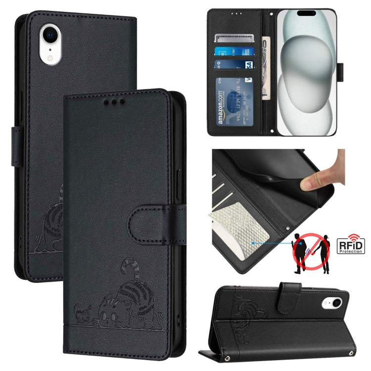 Custodia per telefono in pelle RFID con motivo gatto in rilievo con cordino, For iPhone XR, For iPhone XS Max, For iPhone 8 Plus / 7 Plus