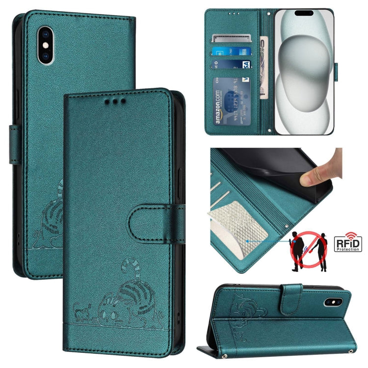 Custodia per telefono in pelle RFID con motivo gatto in rilievo con cordino, For iPhone XR, For iPhone XS Max, For iPhone 8 Plus / 7 Plus