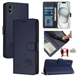 Custodia per telefono in pelle RFID con motivo gatto in rilievo con cordino, For iPhone XR, For iPhone XS Max, For iPhone 8 Plus / 7 Plus
