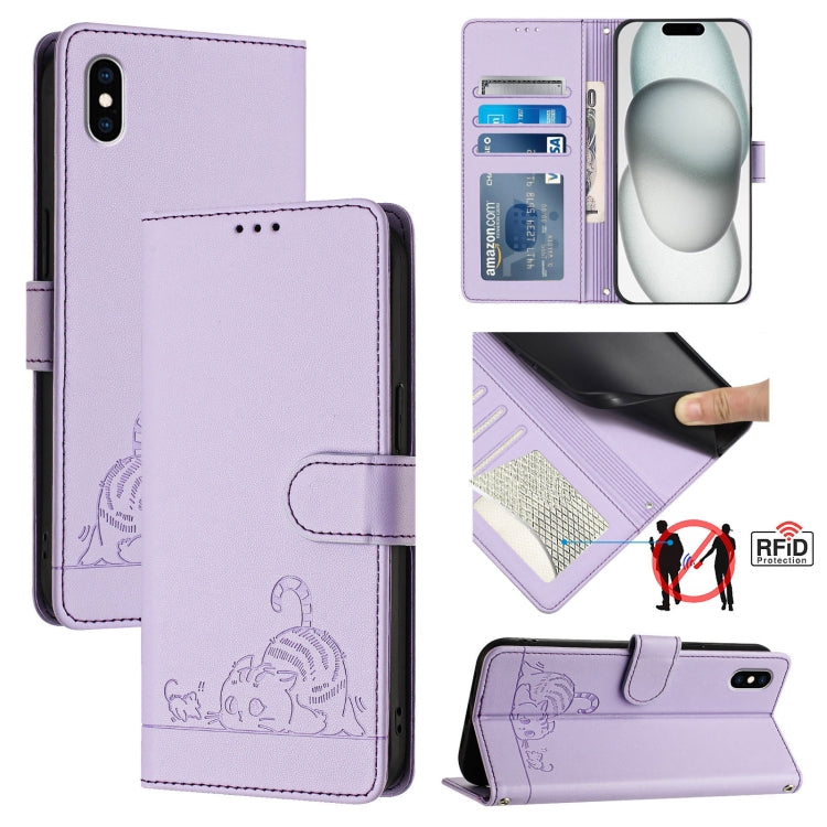 Custodia per telefono in pelle RFID con motivo gatto in rilievo con cordino, For iPhone XR, For iPhone XS Max, For iPhone 8 Plus / 7 Plus