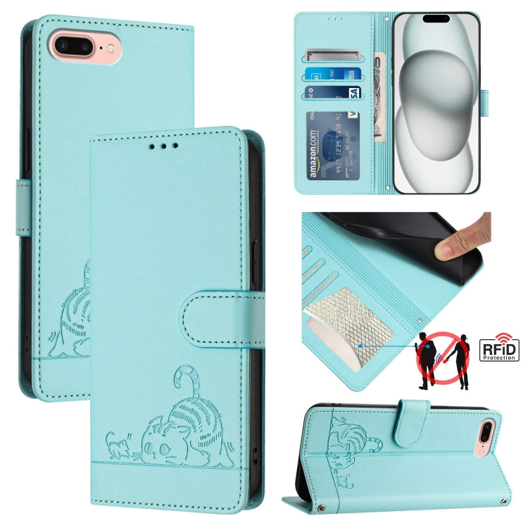 Custodia per telefono in pelle RFID con motivo gatto in rilievo con cordino, For iPhone XR, For iPhone XS Max, For iPhone 8 Plus / 7 Plus