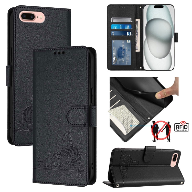 Custodia per telefono in pelle RFID con motivo gatto in rilievo con cordino, For iPhone XR, For iPhone XS Max, For iPhone 8 Plus / 7 Plus