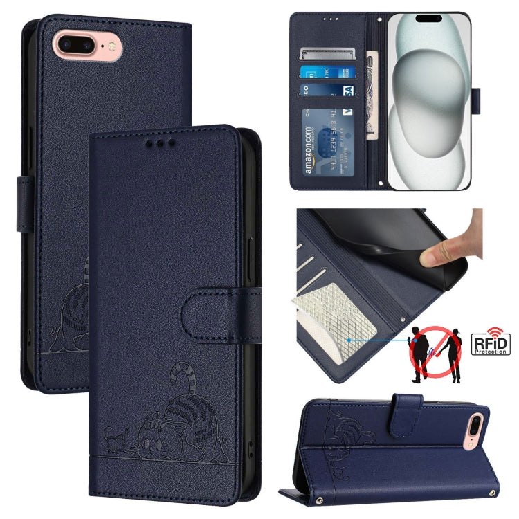 Custodia per telefono in pelle RFID con motivo gatto in rilievo con cordino, For iPhone XR, For iPhone XS Max, For iPhone 8 Plus / 7 Plus