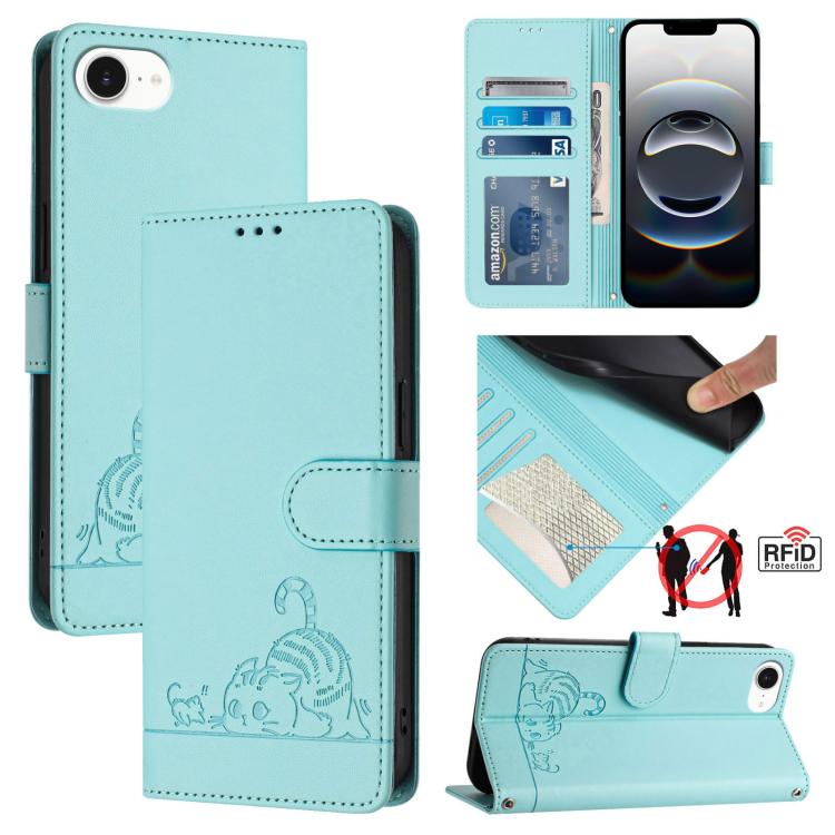 Custodia per telefono in pelle RFID con motivo gatto in rilievo con cordino, For iPhone SE 2024, For iPhone 15 Pro Max, For iPhone 15 Pro, For iPhone 15 Plus
