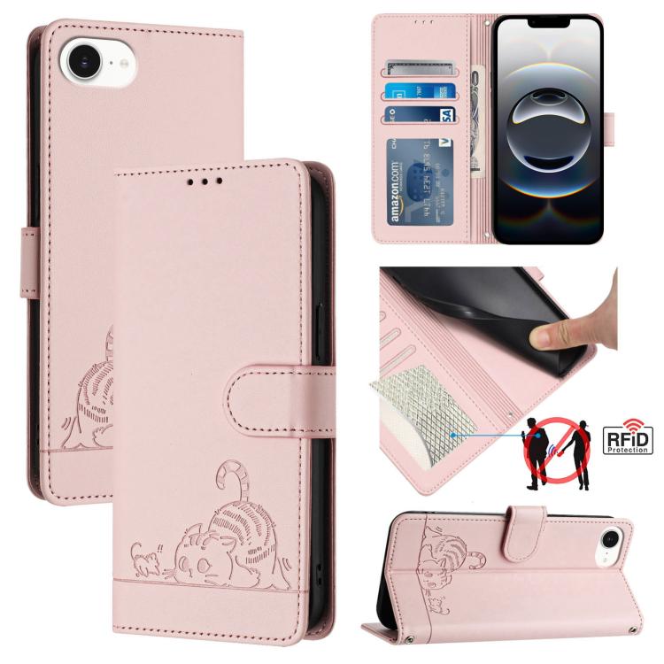 Custodia per telefono in pelle RFID con motivo gatto in rilievo con cordino, For iPhone SE 2024, For iPhone 15 Pro Max, For iPhone 15 Pro, For iPhone 15 Plus