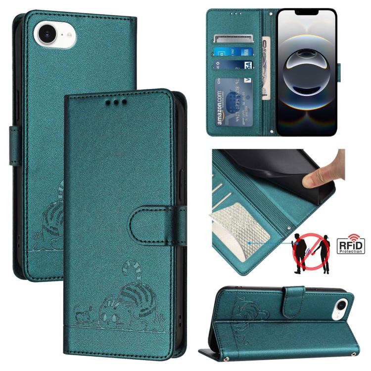 Custodia per telefono in pelle RFID con motivo gatto in rilievo con cordino, For iPhone SE 2024, For iPhone 15 Pro Max, For iPhone 15 Pro, For iPhone 15 Plus
