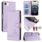 Custodia per telefono in pelle RFID con motivo gatto in rilievo con cordino, For iPhone SE 2024, For iPhone 15 Pro Max, For iPhone 15 Pro, For iPhone 15 Plus