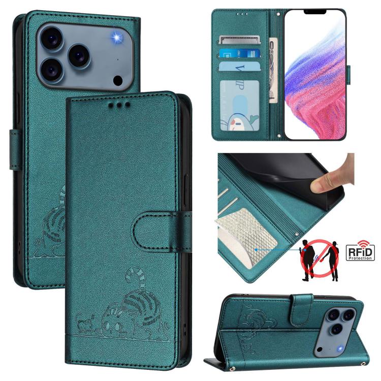 Custodia per telefono in pelle RFID con motivo gatto in rilievo con cordino, For iPhone 17 Pro Max, For iPhone 17 Pro, For iPhone 17, For iPhone Air