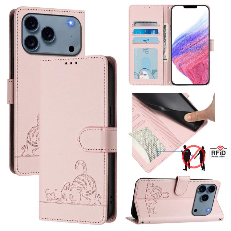 Custodia per telefono in pelle RFID con motivo gatto in rilievo con cordino, For iPhone 17 Pro Max, For iPhone 17 Pro, For iPhone 17, For iPhone Air