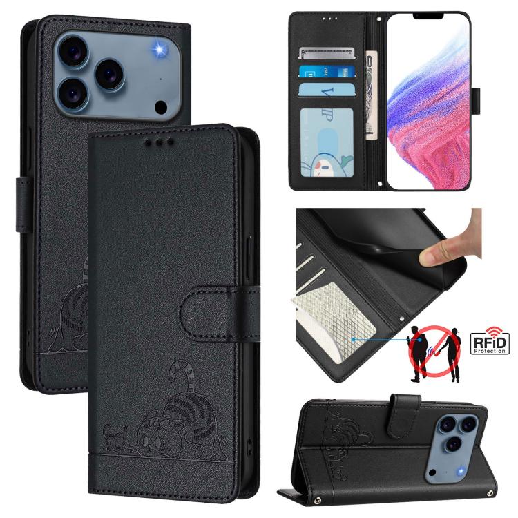 Custodia per telefono in pelle RFID con motivo gatto in rilievo con cordino, For iPhone 17 Pro Max, For iPhone 17 Pro, For iPhone 17, For iPhone Air