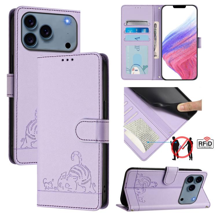 Custodia per telefono in pelle RFID con motivo gatto in rilievo con cordino, For iPhone 17 Pro Max, For iPhone 17 Pro, For iPhone 17, For iPhone Air