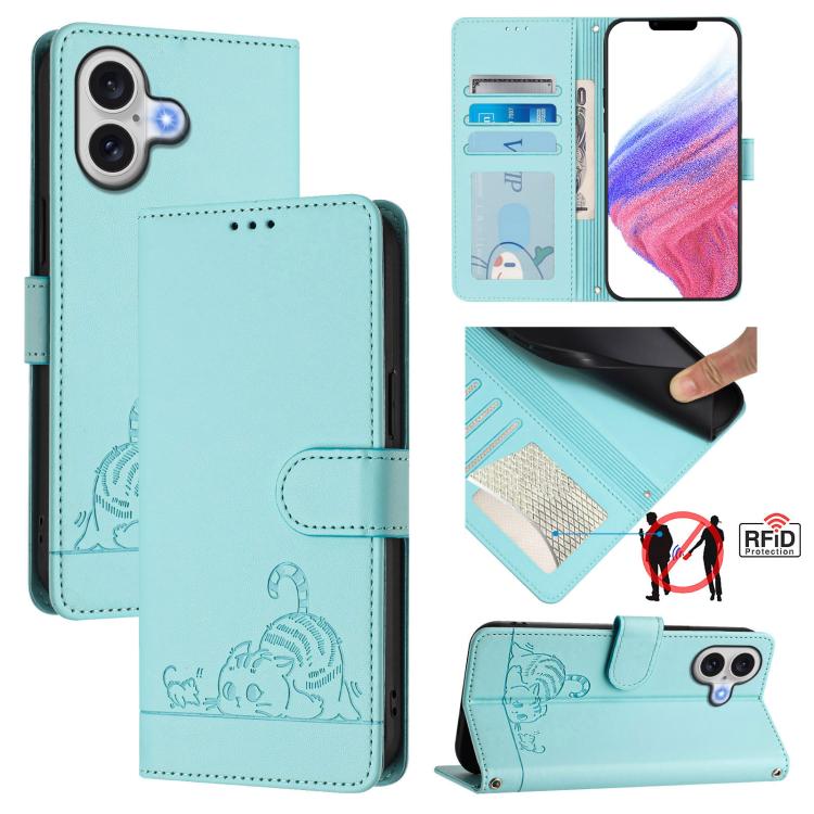 Custodia per telefono in pelle RFID con motivo gatto in rilievo con cordino, For iPhone 17 Pro Max, For iPhone 17 Pro, For iPhone 17, For iPhone Air
