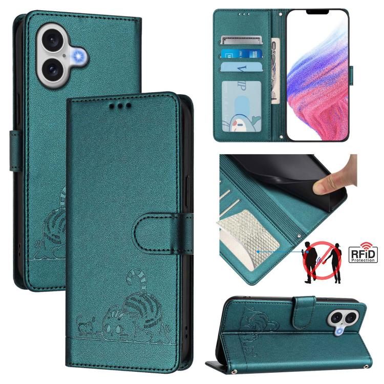 Custodia per telefono in pelle RFID con motivo gatto in rilievo con cordino, For iPhone 17 Pro Max, For iPhone 17 Pro, For iPhone 17, For iPhone Air