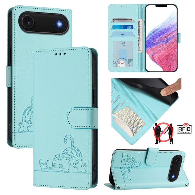 Custodia per telefono in pelle RFID con motivo gatto in rilievo con cordino, For iPhone 17 Pro Max, For iPhone 17 Pro, For iPhone 17, For iPhone Air