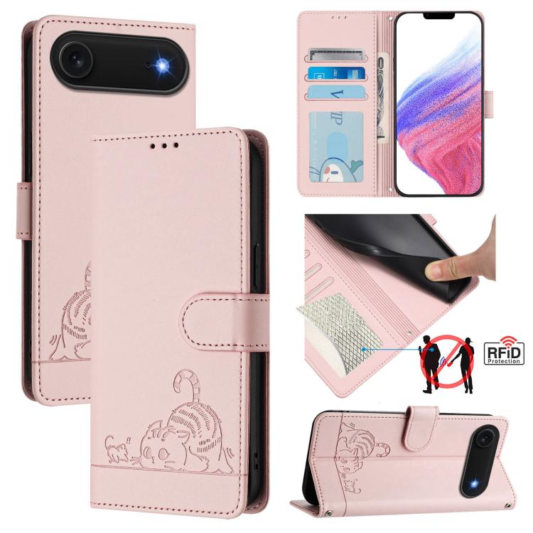 Custodia per telefono in pelle RFID con motivo gatto in rilievo con cordino, For iPhone 17 Pro Max, For iPhone 17 Pro, For iPhone 17, For iPhone Air