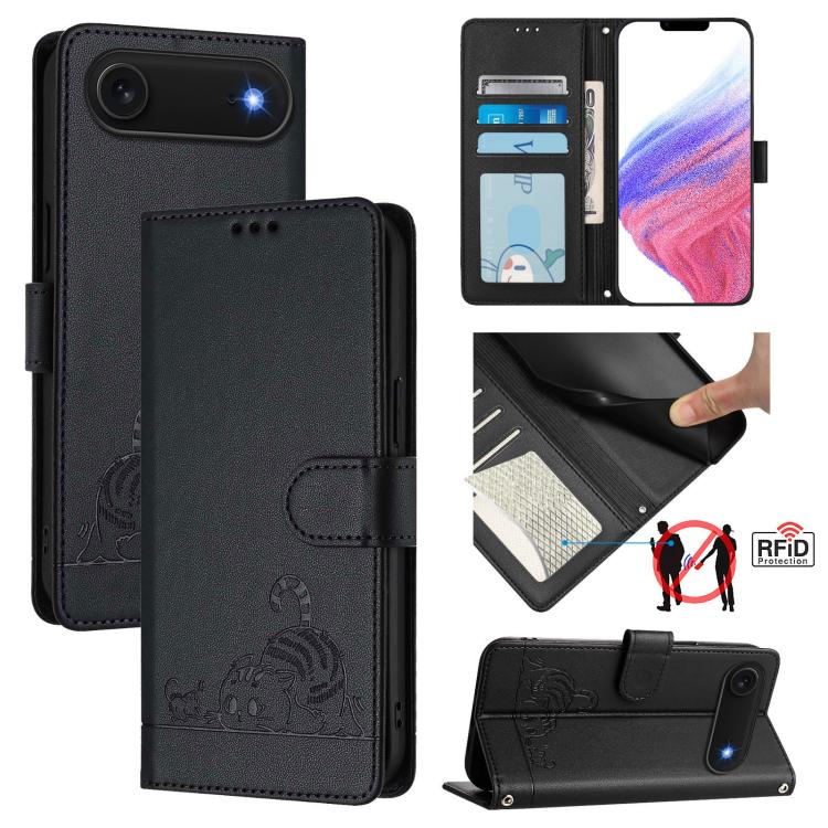 Custodia per telefono in pelle RFID con motivo gatto in rilievo con cordino, For iPhone 17 Pro Max, For iPhone 17 Pro, For iPhone 17, For iPhone Air
