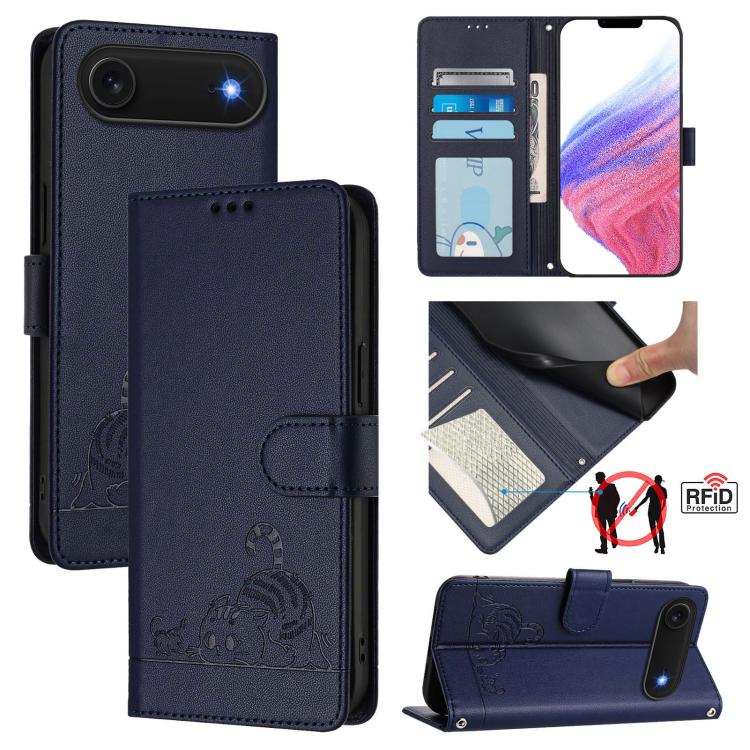 Custodia per telefono in pelle RFID con motivo gatto in rilievo con cordino, For iPhone 17 Pro Max, For iPhone 17 Pro, For iPhone 17, For iPhone Air