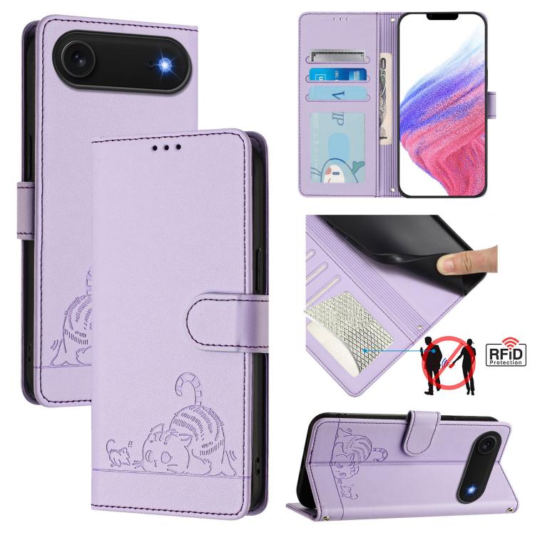 Custodia per telefono in pelle RFID con motivo gatto in rilievo con cordino, For iPhone 17 Pro Max, For iPhone 17 Pro, For iPhone 17, For iPhone Air