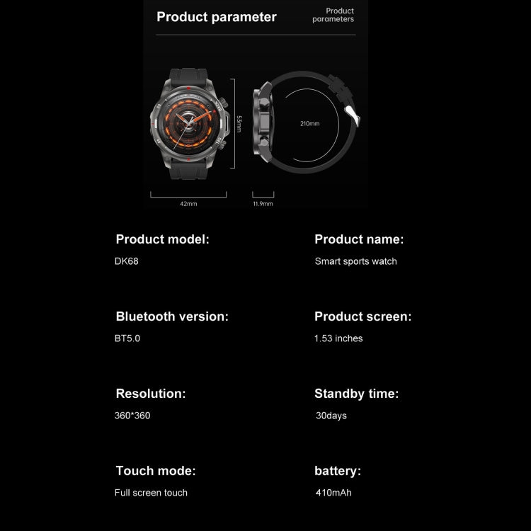 DK68 1,53 pollici IP67 BT 5.0 Smart Watch sportivo fitness, supporto torcia LED / chiamata Bluetooth / sonno / ossigeno nel sangue / frequenza cardiaca / monitor della pressione sanguigna