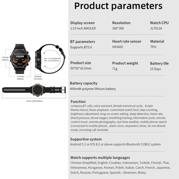 Smartwatch sportivo LC18 da 1,53 pollici IP67 BT5.0 con auricolari, supporto per chiamate Bluetooth/sonno/ossigeno nel sangue/frequenza cardiaca/monitoraggio della pressione sanguigna