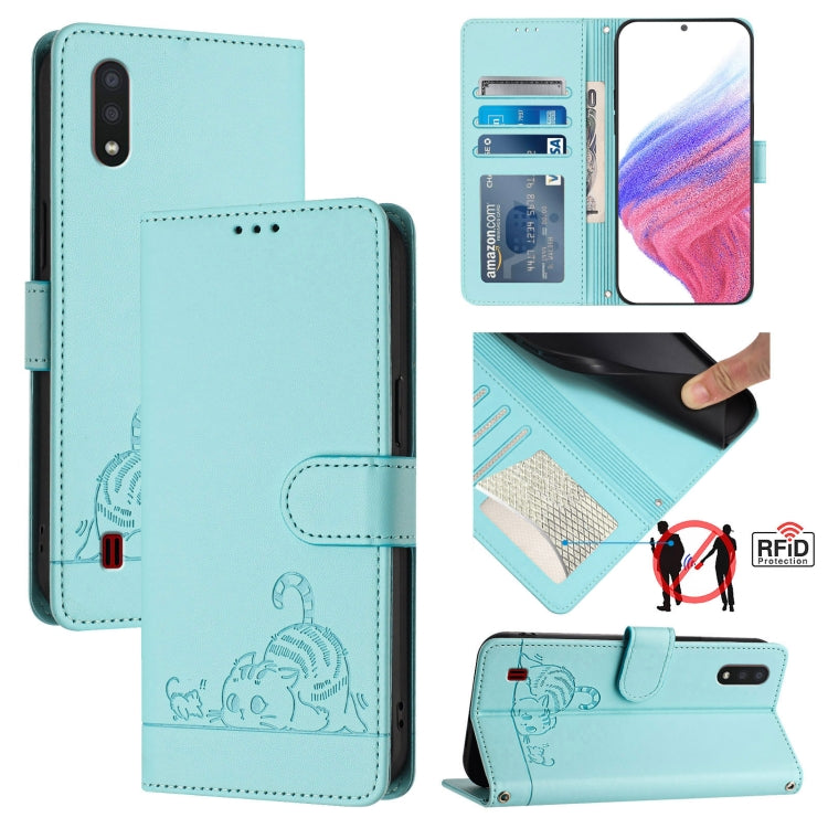 Custodia per telefono in pelle RFID con motivo gatto in rilievo con cordino, For Samsung Galaxy A11 EU Version, For Samsung Galaxy A21 EU Version, For Samsung Galaxy A01 EU Version, For Samsung Galaxy A91/M80s/S10 Lite